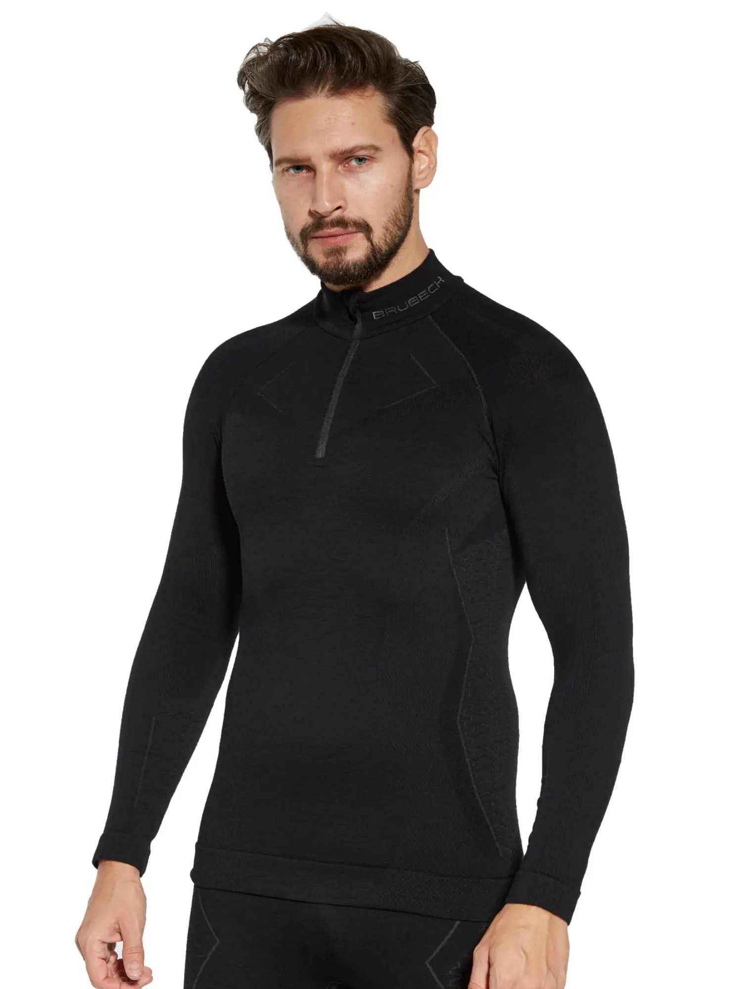 férfi merinó gyapjú cipzáras aláöltözet felső fekete elölnézet