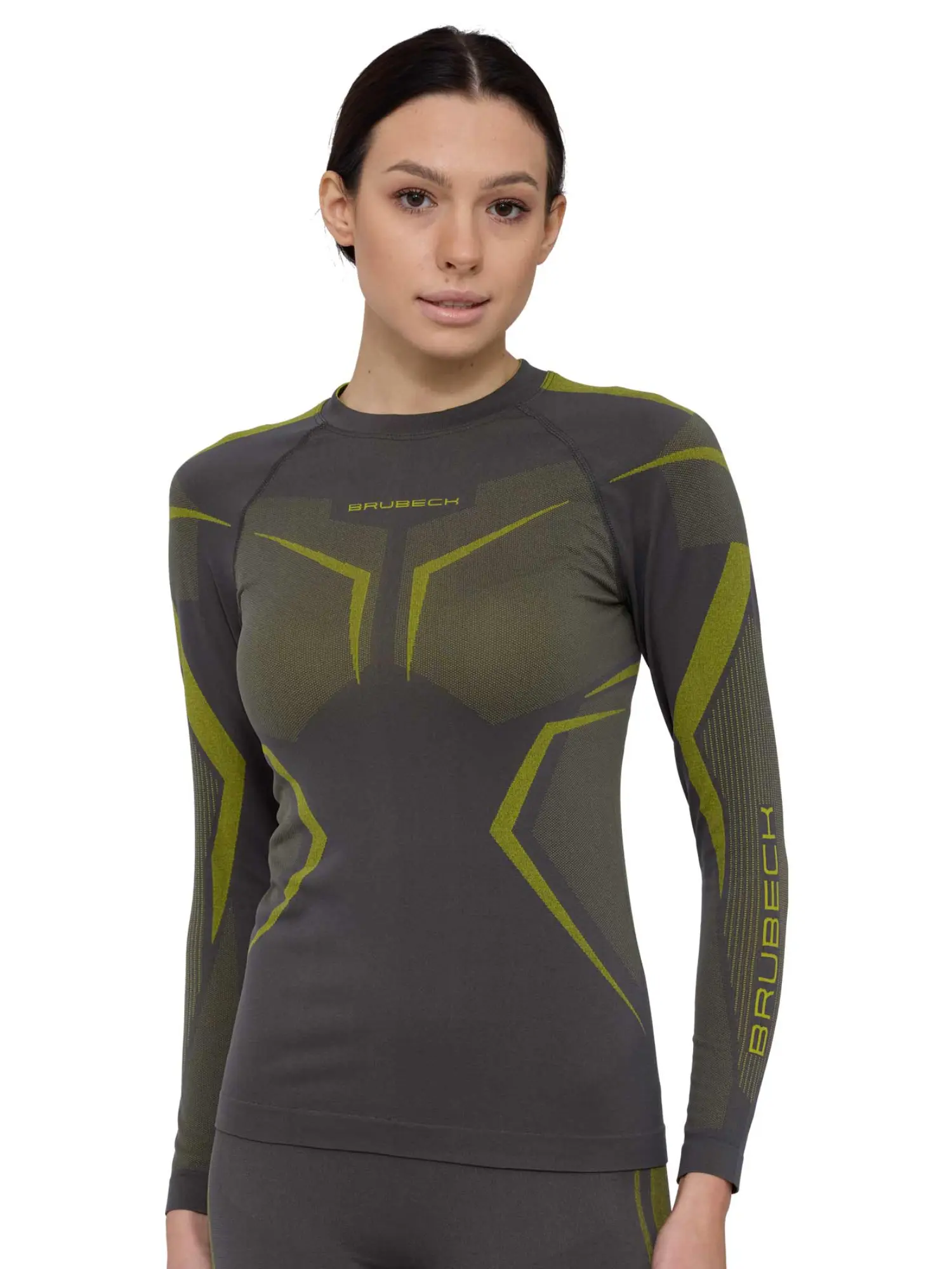 BRUBECK DRY női hosszú ujjú sportfelső grafit lime színben elölnézetből, technikai aláöltözet trail futáshoz, terepfutáshoz és intenzív outdoor edzésekhez.